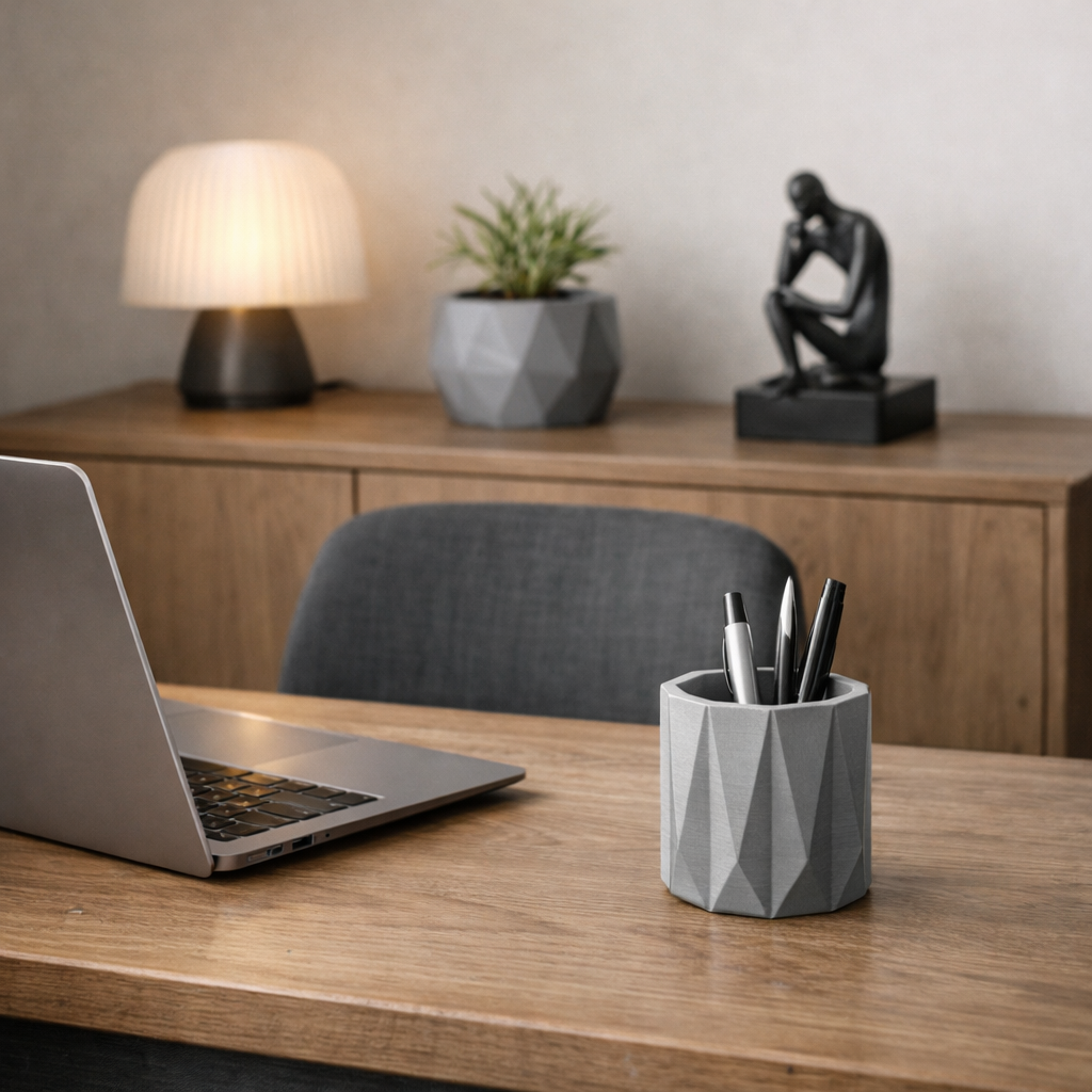 Modern office desk with laptop, geometric pen holder, and decorative items.